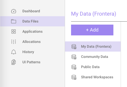 The primary and secondary navigation within the Portal interface: 'Data Files' section is active, 'My Data (Frontera)' is active.